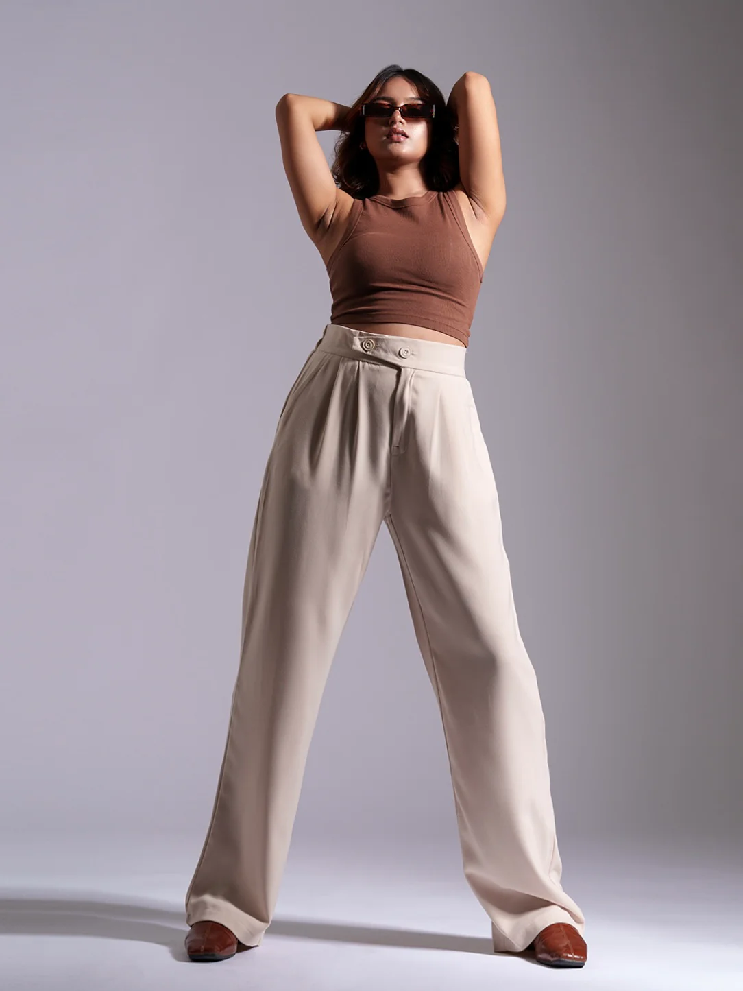 Beige Tailored Pleat Korean Pants - Image 3