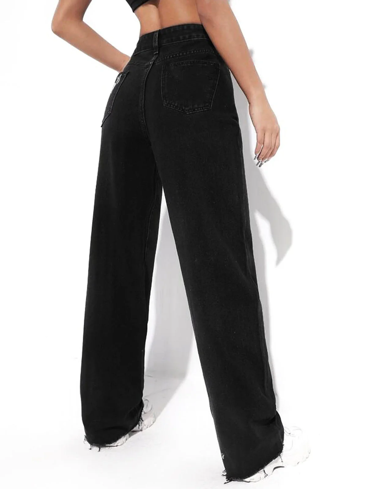 Black Raw Hem Straight Leg Jeans - Image 3