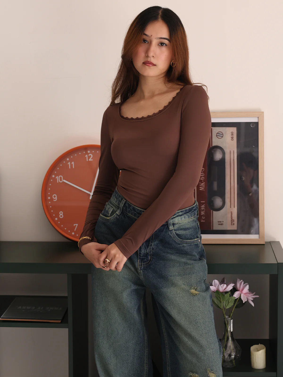 Chocolate Brown Scoop Neck Long Sleeve Lace Trim Slim Fit Top - Image 5