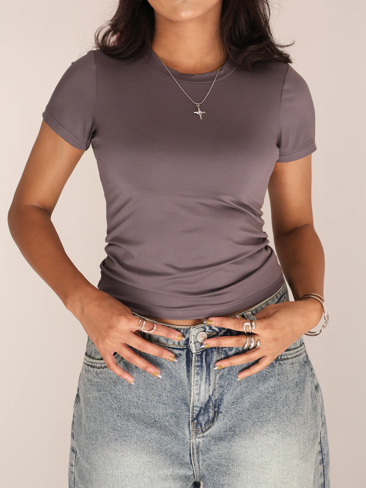 Dark Grey Crew Neck Short Sleeve Slim Fit Top - Image 3