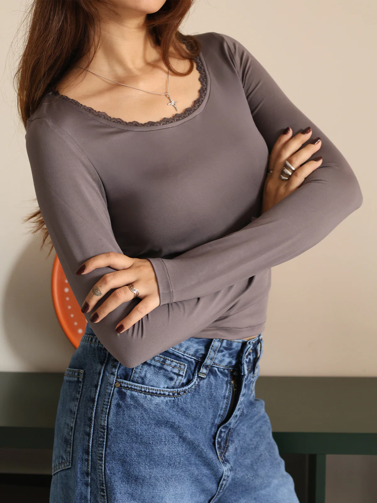 Dark Grey Scoop Neck Long Sleeve Lace Trim Slim Fit Top - Image 3