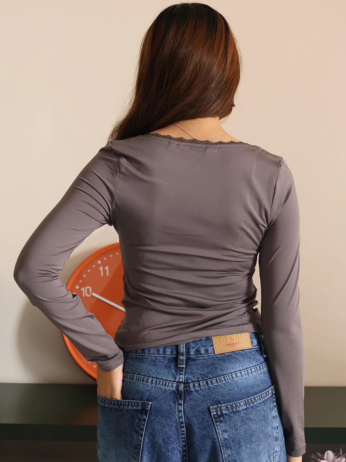 Dark Grey Scoop Neck Long Sleeve Lace Trim Slim Fit Top - Image 6