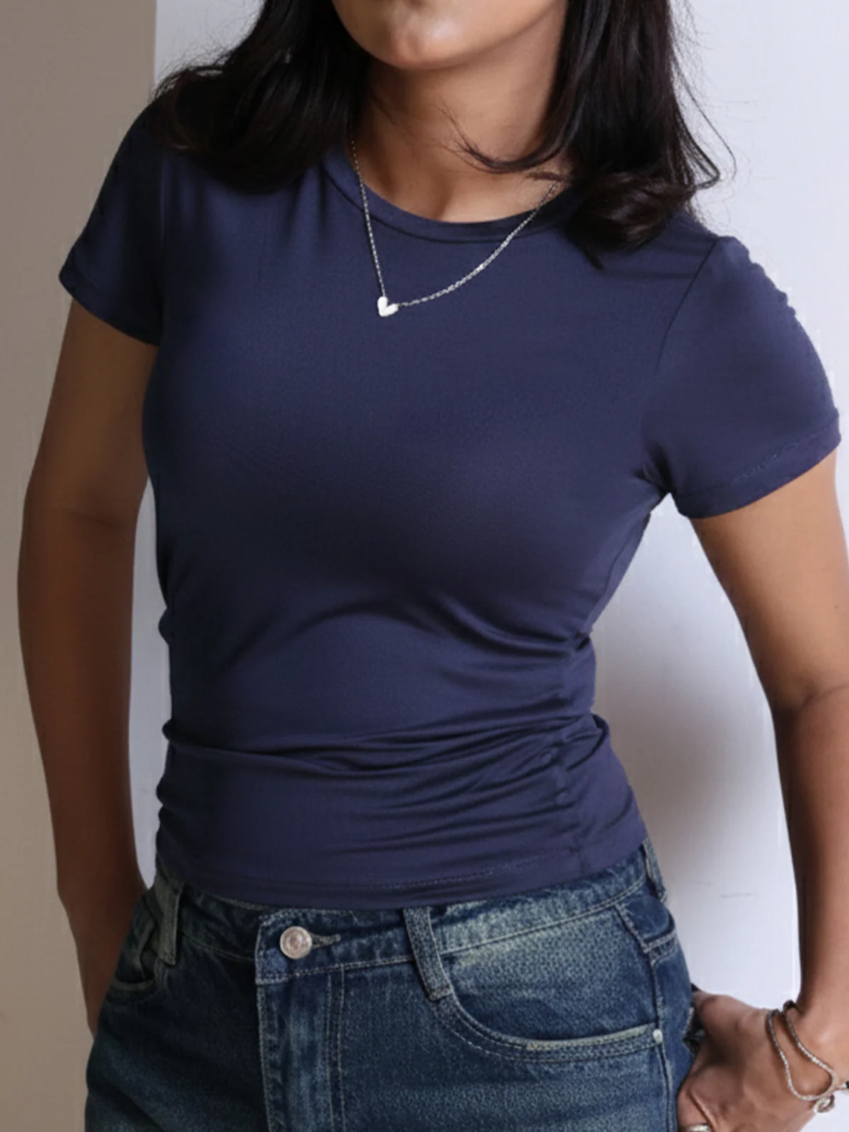 Navy Crew Neck Short Sleeve Slim Fit Top - Image 3