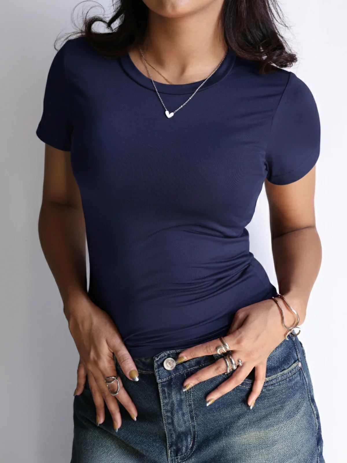 Navy Crew Neck Short Sleeve Slim Fit Top - Image 4