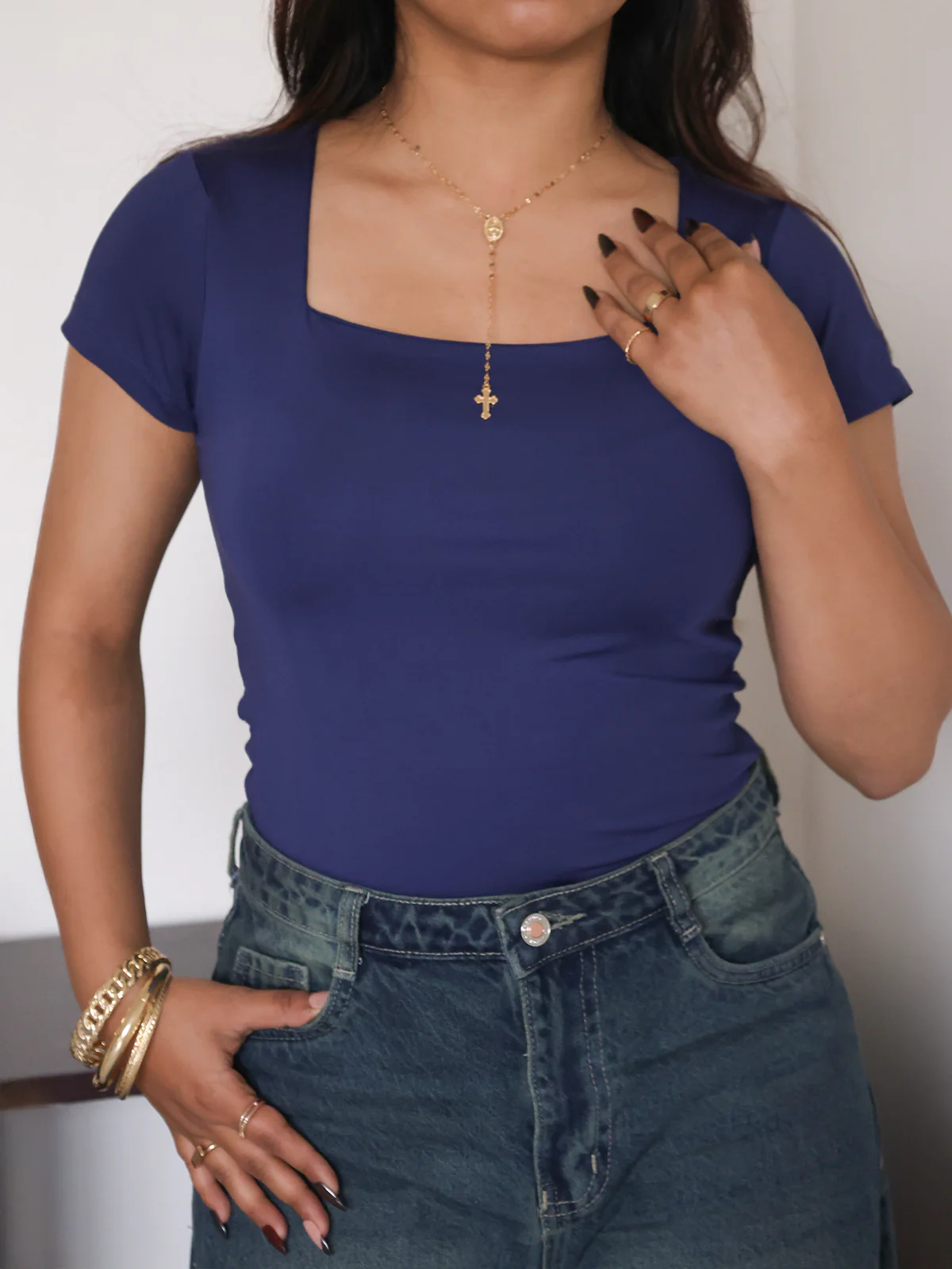 Navy Square Neck Short Sleeve Slim Fit Top - Image 4