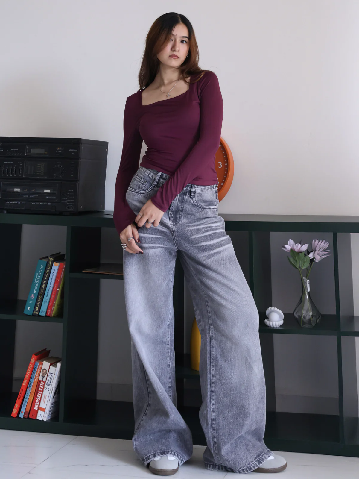 Plum Square Neck Long Sleeve Slim Fit Top - Image 3