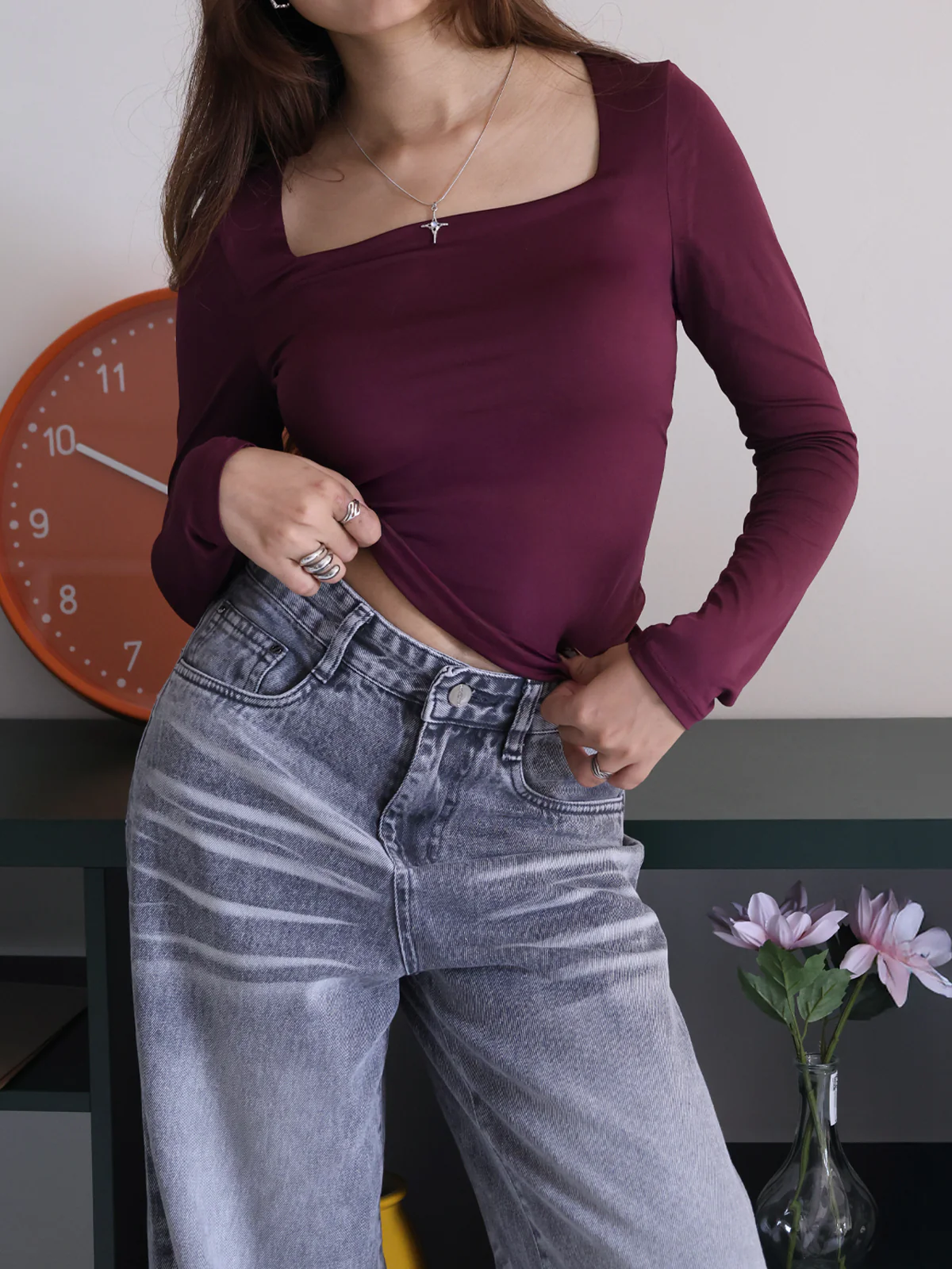 Plum Square Neck Long Sleeve Slim Fit Top - Image 4