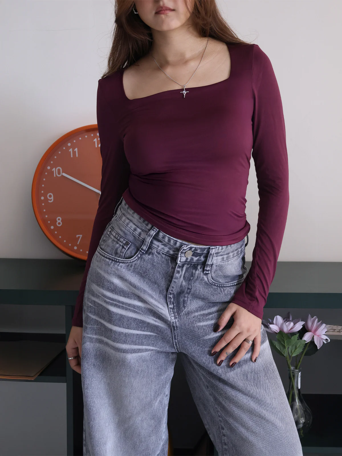 Plum Square Neck Long Sleeve Slim Fit Top - Image 5