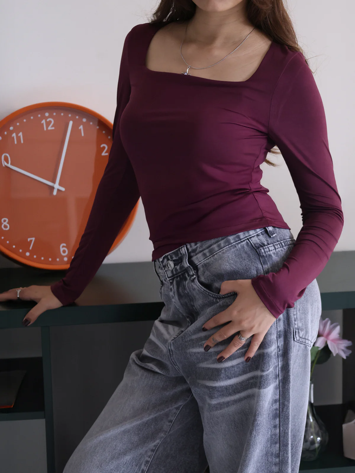 Plum Square Neck Long Sleeve Slim Fit Top - Image 6