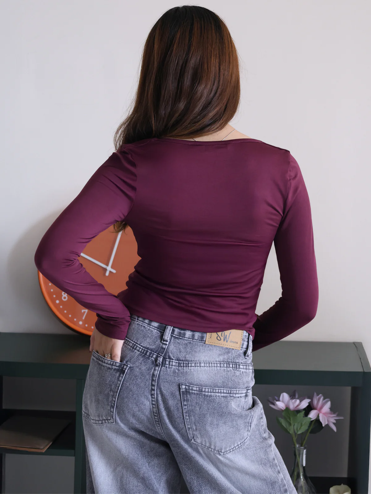 Plum Square Neck Long Sleeve Slim Fit Top - Image 7