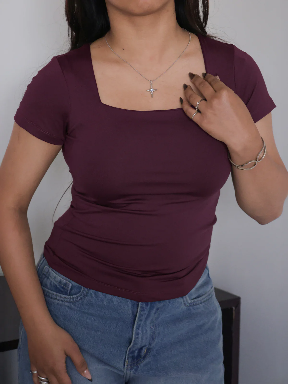 Plum Square Neck Short Sleeve Slim Fit Top - Image 5