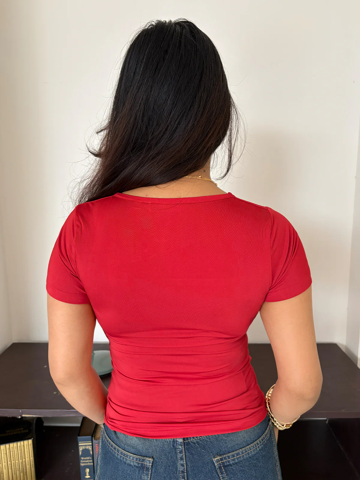 Red Square Neck Short Sleeve Slim Fit Top - Image 7