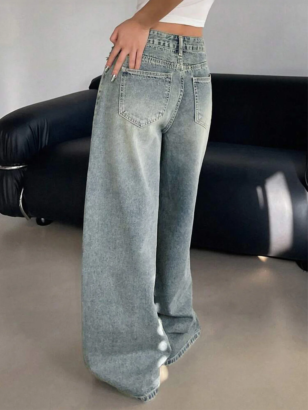 Smoke Blue Washed Wide Leg Jeans - Image 4