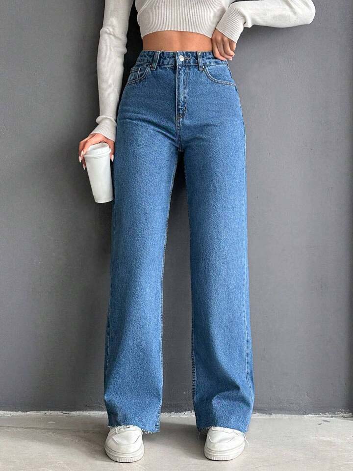 Stone Blue Raw Hem Straight Leg Jeans - Image 3