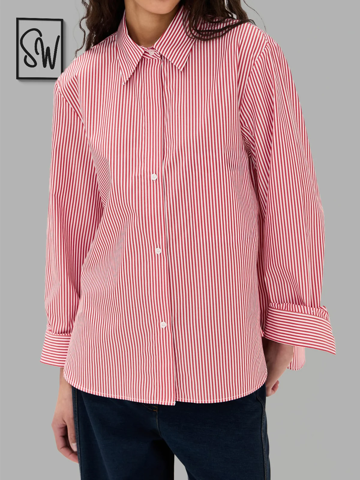 Strawberry Red Striped Drop Shoulder Shirt - Image 3